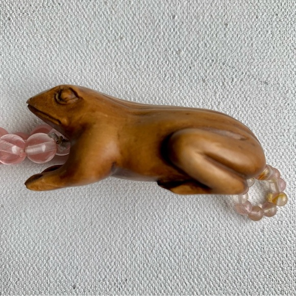 Antique Vintage Japanese Carved Wood Netsuke Frog Beaded Bracelet Finger Ring - Picture 4 of 14